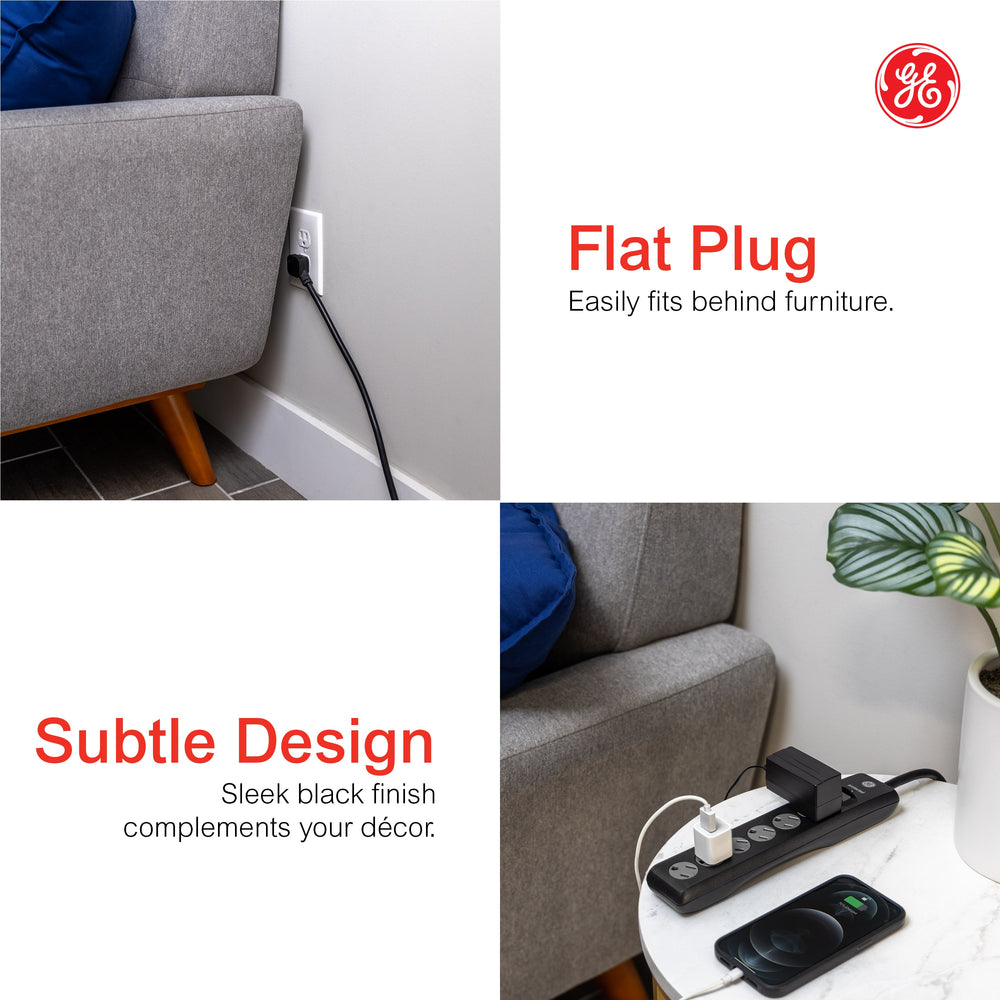 GE Surge Protector Power Strip With Twist-to-Close Safety Outlets - Black, 6 feet-030878336611-LR-327723-3-LR eShop