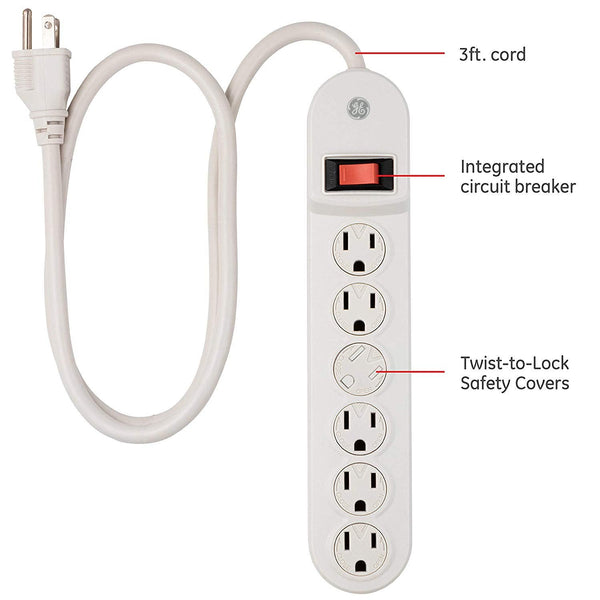 GE Surge Protector with Twist-to-Close Safety Outlets - White, 3 feet-043180572448-LR-153182-2-LR eShop