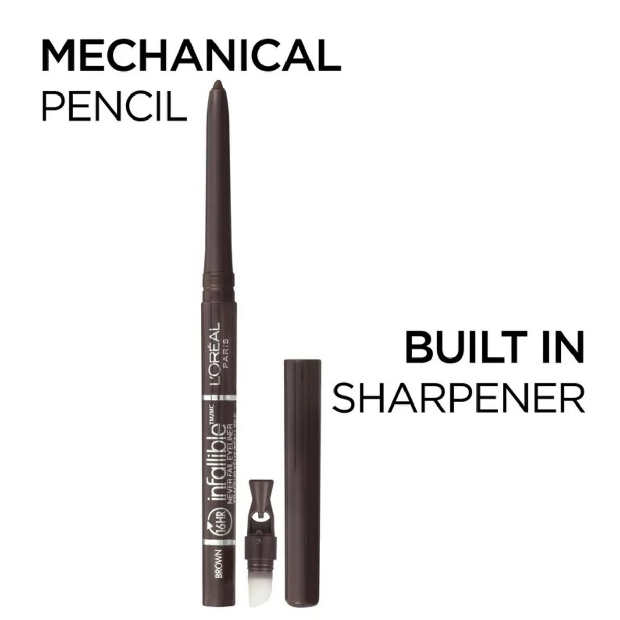 L'Oreal Paris Infallible Never Fail Pencil Eyeliner with Built in Sharpener, Brown, 0.008 oz.