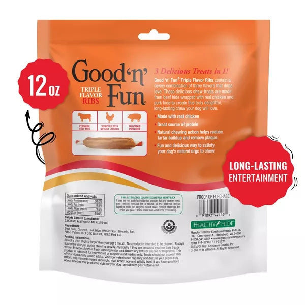 Good 'n' Fun Ribs Rawhide with Beef, Chicken and Pork Flavor Dog Treats, 12 oz-091093941295-LR-330428-5-LR eShop