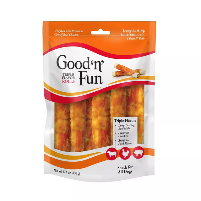 Good 'n' Fun Triple Flavor Rolls Rawhide with Pork, Beef and Chicken Flavor Dog Treats, 6 count-091093942445-LR-348540-1-LR eShop