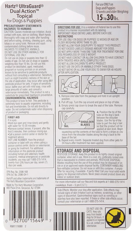 Hartz UltraGuard Dual Action Topical Flea & Tick Treatment for Dogs and Puppies - 15-30 lbs, 3 Monthly Treatments-032700156497-LR-316677-2-LR eShop