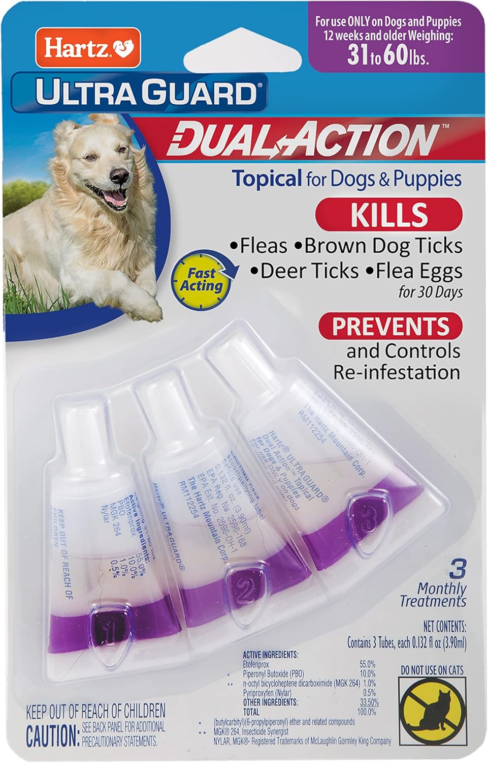 Hartz UltraGuard Dual Action Topical Flea & Tick Treatment for Dogs and Puppies - 31-60 lbs, 3 Monthly Treatments-032700156503-LR-316678-1-LR eShop