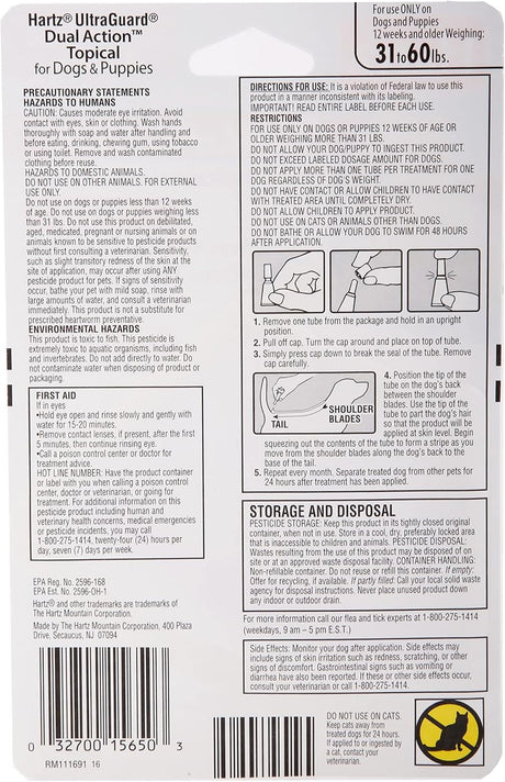 Hartz UltraGuard Dual Action Topical Flea & Tick Treatment for Dogs and Puppies - 31-60 lbs, 3 Monthly Treatments-032700156503-LR-316678-2-LR eShop