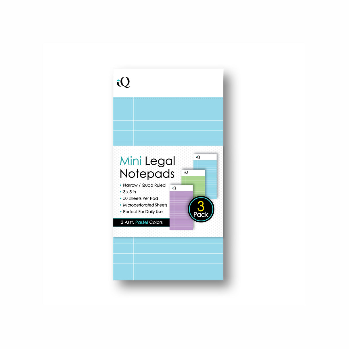 iScholar iQ Mini Legal Notepads, 3" x 5" - Assorted Pastel Colors, Pack of 3 Pads-816124014447-LR-354421-1-LR eShop