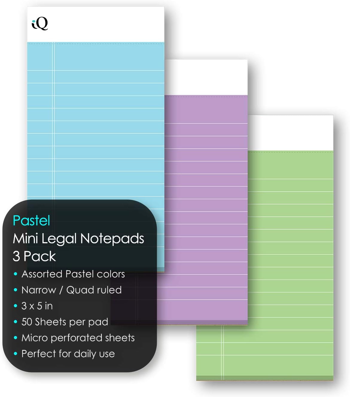 iScholar iQ Mini Legal Notepads, 3" x 5" - Assorted Pastel Colors, Pack of 3 Pads-816124014447-LR-354421-2-LR eShop
