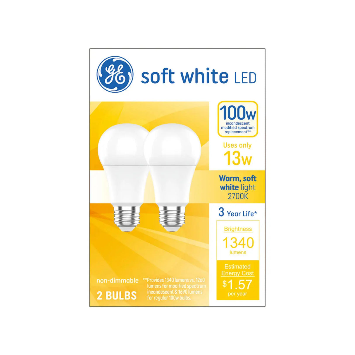 GE Lighting LED Light Bulbs, A19 General Purpose Bulbs, 100 Watt Replacement, Soft White, 2 count-043168561174-LR-353105-1-LR eShop