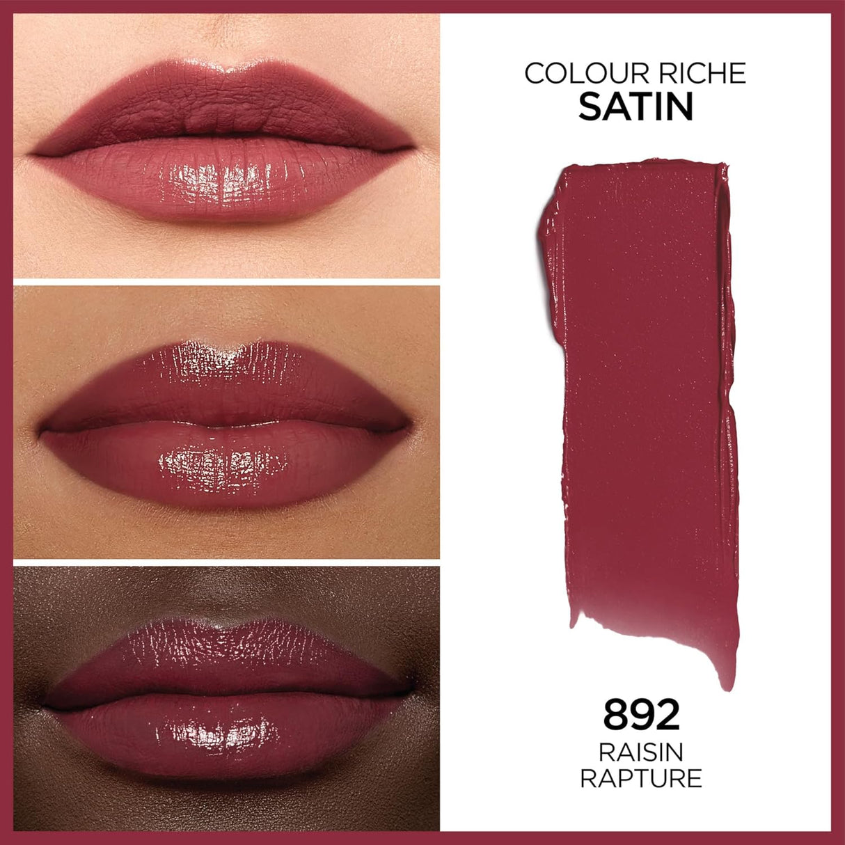 L'ORÉAL PARIS Colour Riche Original Satin Lipstick for Moisturized Lips, 892 Raisin Rapture, 0.13 oz.-071249074558-LR-158345-2-LR eShop