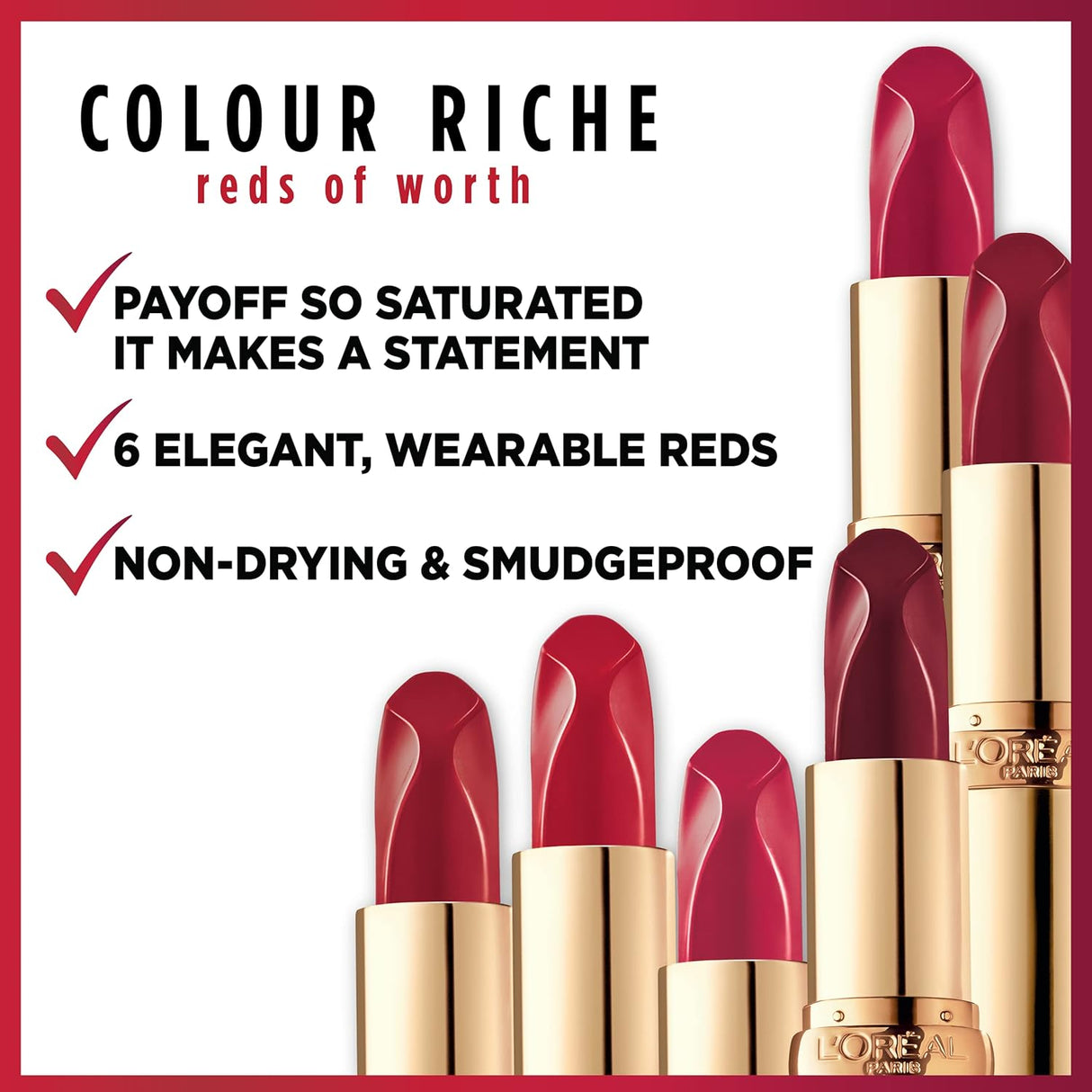 L'ORÉAL PARIS Colour Riche Reds of Worth Lipstick, Long Lasting Smudge Proof Lipstick, 190 Hopeful Red, 0.13 oz-071249649015-LR-344184-3-LR eShop