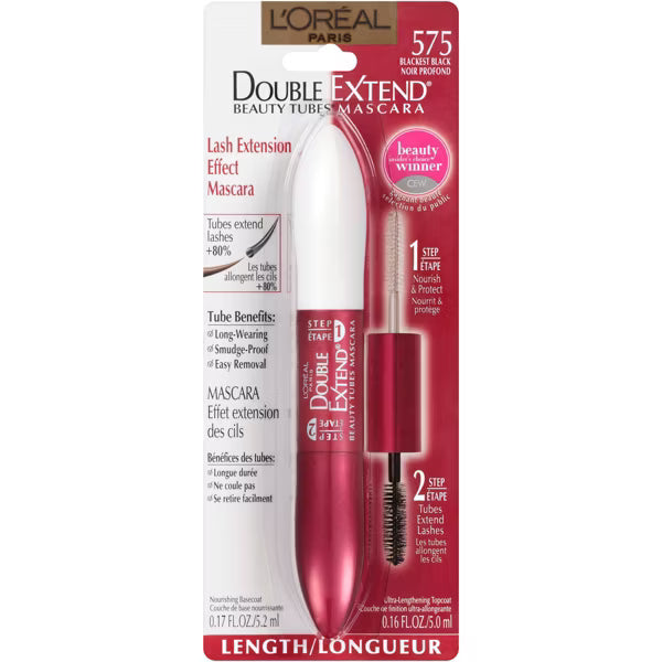 L'ORÉAL PARIS Double Extend Beauty Tubes Lengthening Mascara and Basecoat, 575 Blackest Black, 0.33 fl oz-071249149768-LR-190224-7-LR eShop