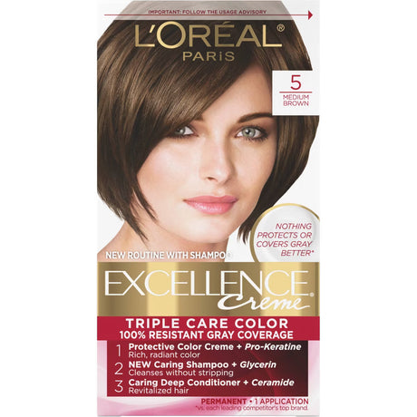 L'ORÉAL PARIS Excellence Triple Protection Permanent Hair Color, 5 Medium Brown, 6.3 fl. oz.-071249210550-LR-223444-1-LR eShop