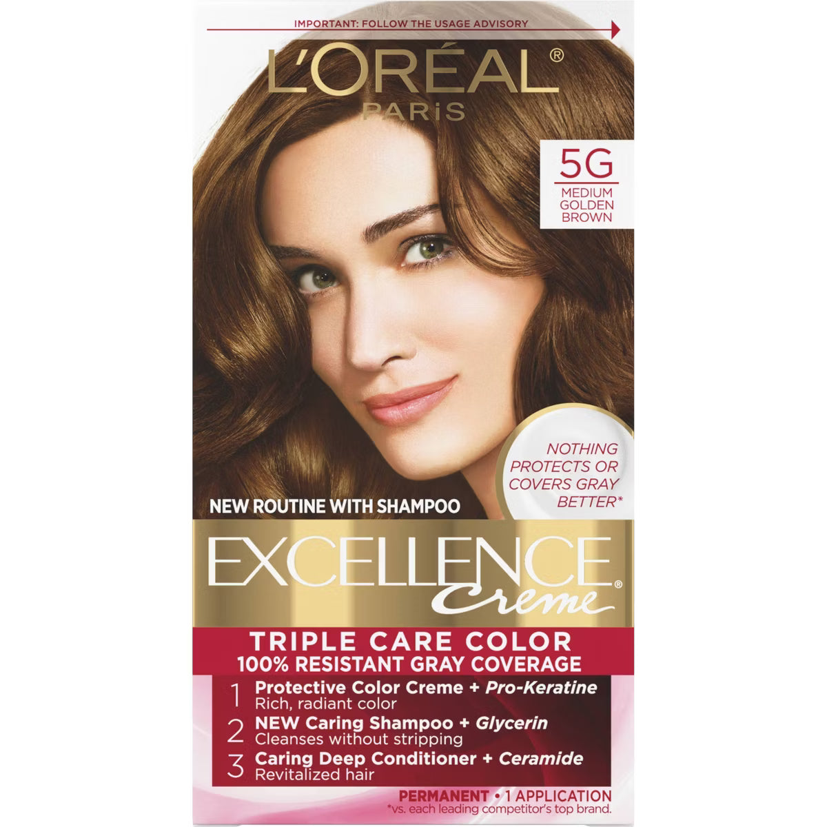 L'ORÉAL PARIS Excellence Triple Protection Permanent Hair Color, 5G Medium Golden Brown, 6.3 fl. oz.-071249210574-LR-229806-1-LR eShop