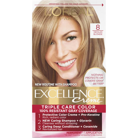 L'ORÉAL PARIS Excellence Triple Protection Permanent Hair Color, 8 Medium Blonde, 6.3 fl. oz.-071249210697-LR-223446-1-LR eShop