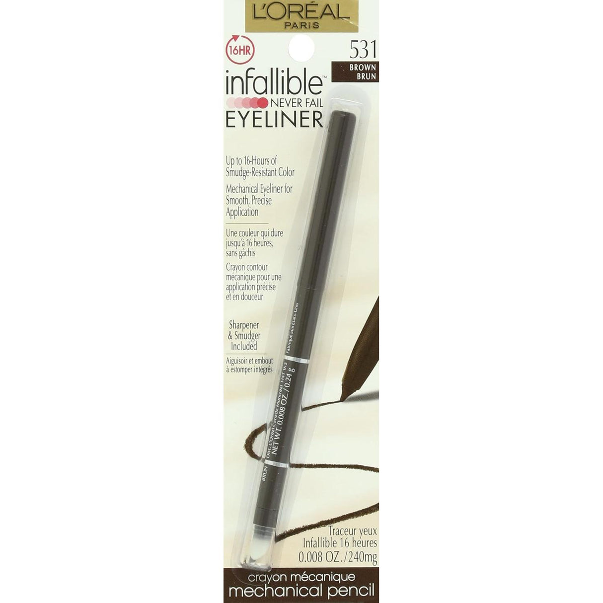 L'ORÉAL PARIS Infallible Never Fail Pencil Eyeliner with Built in Sharpener, 531 Brown, 0.008 oz.-071249145258-LR-188109-1-LR eShop