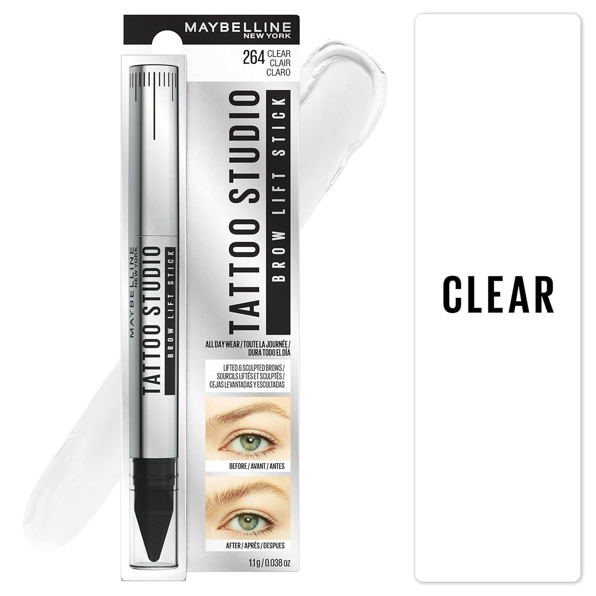 MAYBELLINE New York Tattoo Studio Brow Lift Stick Makeup with Wax Conditioning Complex, 264 Clear, 0.038 oz-041554071801-LR-342474-2-LR eShop