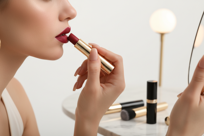 Model applying lipstick