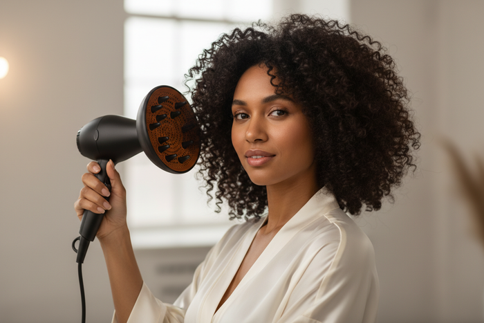 Model holding hair diffuser - close-up square