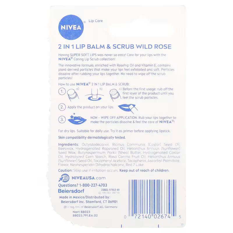 NIVEA 2-in-1 Wild Rose Lip Balm and Lip Scrub, Lip Exfoliator, 0.17 Oz Stick-072140026745-LR-363495-4-LR eShop