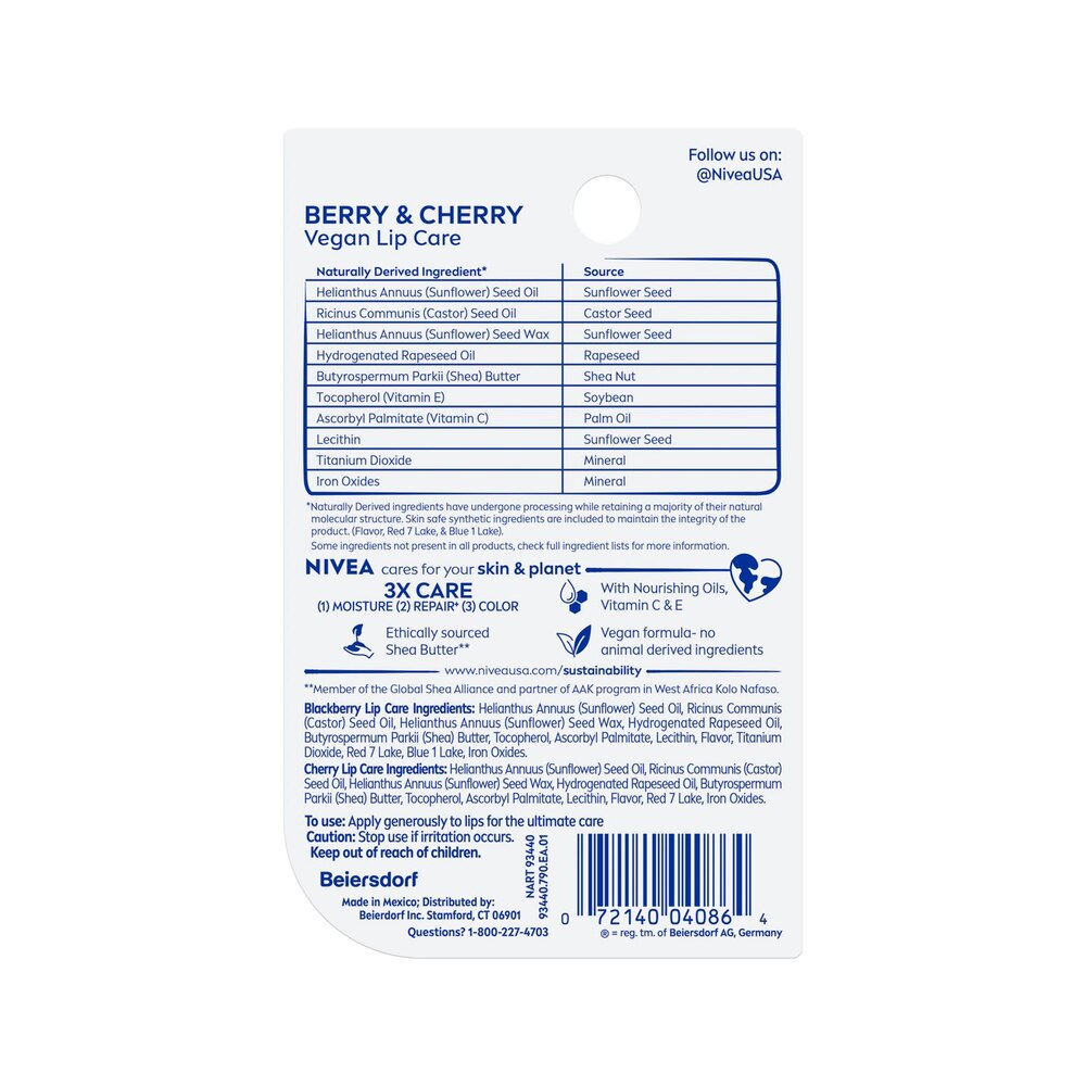 NIVEA Berry and Cherry Lip Care, Tinted Lip Balm Set with Blackberry and Cherry, 0.17 Oz Stick, 2 Count-072140040864-LR-363539-11-LR eShop