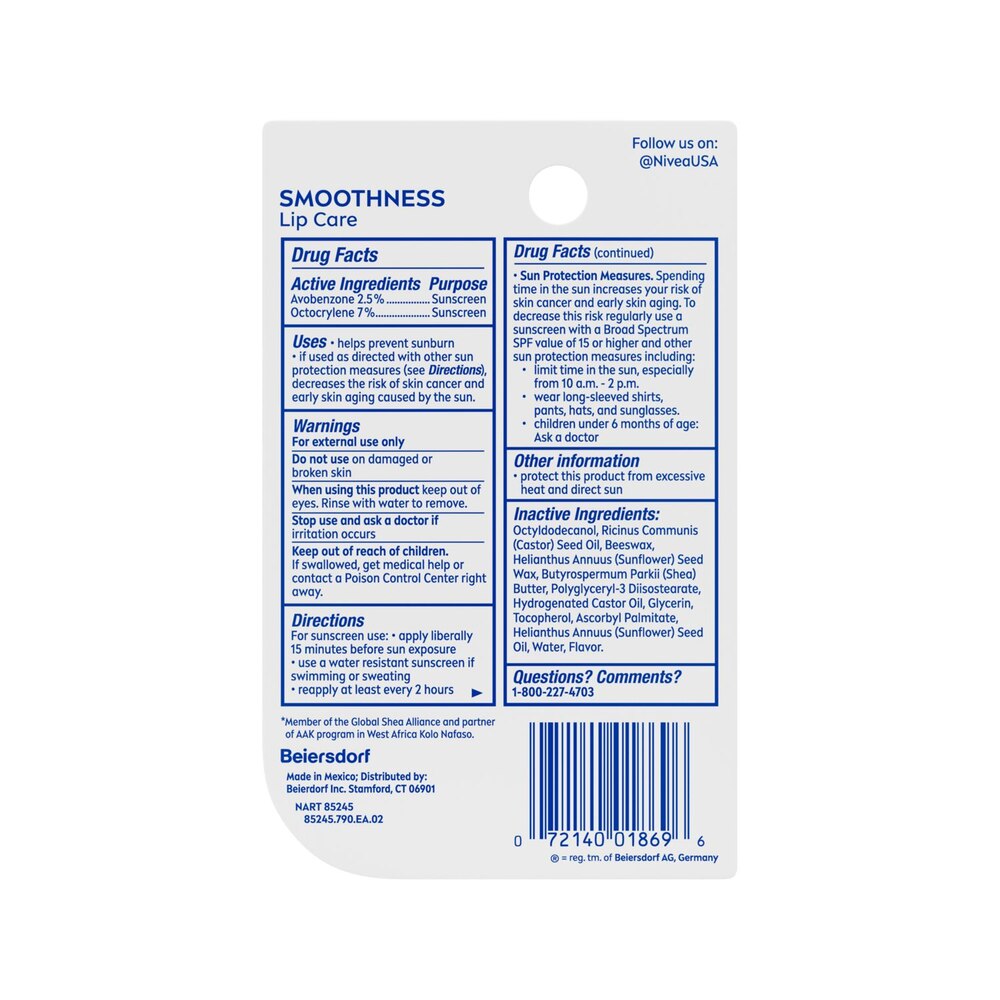 NIVEA Smoothness Lip Care, Lip Balm SPF 15 with Shea Butter, 0.17 Oz Stick, Pack of 2-072140018696-LR-363489-12-LR eShop
