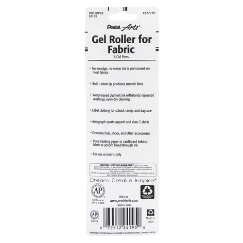 Pentel Arts Gel Roller for Fabric, Bold Lines - Permanent Black Ink, 2 count-072512241950-LR-302998-9-LR eShop