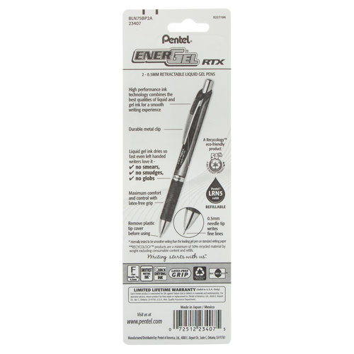 Pentel EnerGel Deluxe RTX Retractable Liquid Gel Pen, Fine Line - Black Ink, 2 count-072512234075-LR-324429-14-LR eShop