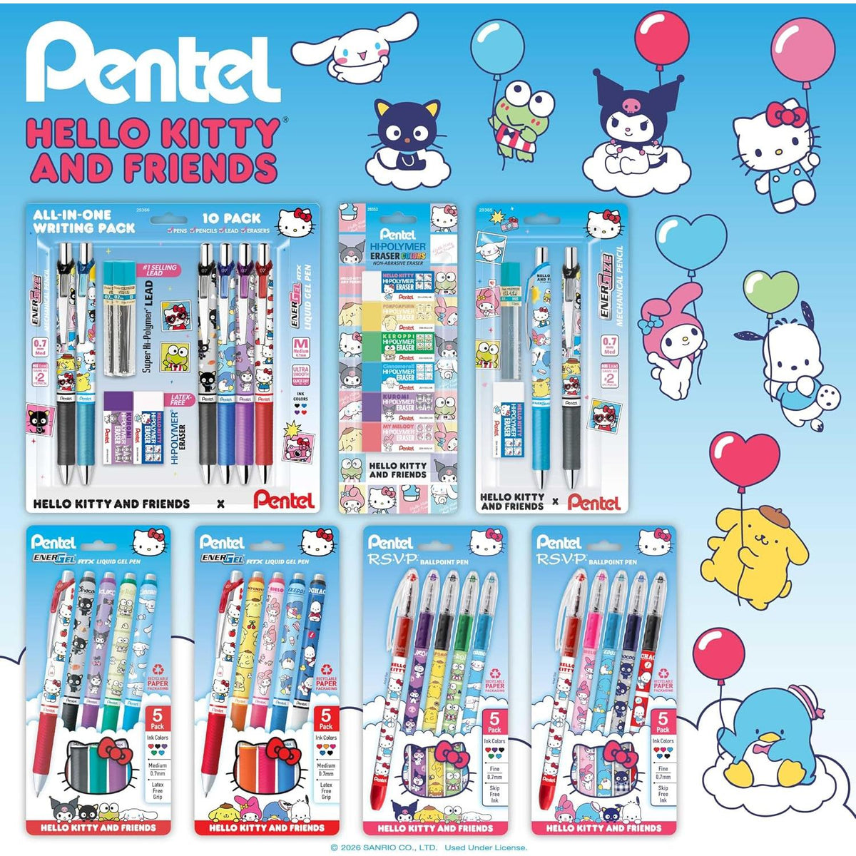 Pentel Hi-Polymer Block Eraser Colors - Limited Edition Hello Kitty and Friends, 6 count-072512293522-LR-365258-3-LR eShop