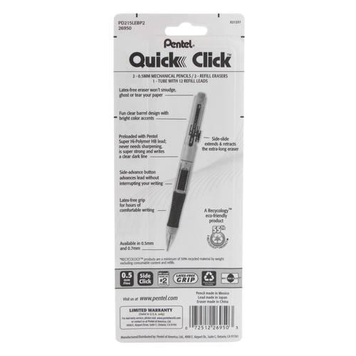 Pentel Quick Click Mechanical Pencil With Lead and Eraser Refills, 0.5 mm - Assorted Colors, 2 count-072512269503-LR-325285-12-LR eShop