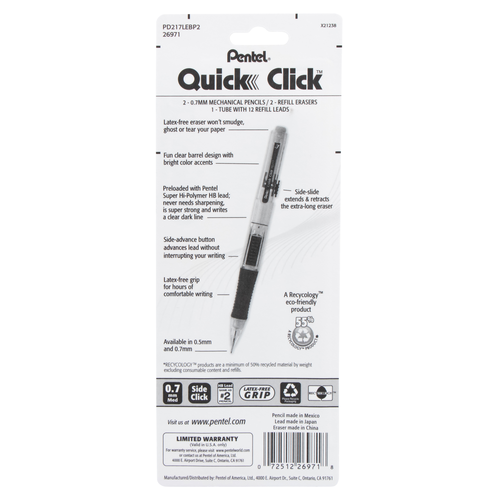 Pentel Quick Click Mechanical Pencil With Lead and Eraser Refills, 0.7 mm - Assorted Colors, 2 count-072512269718-LR-325286-12-LR eShop