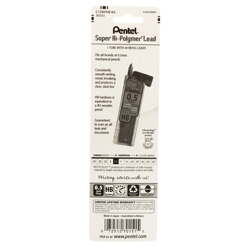 Pentel Super Hi-Polymer Lead Refill - HB Fine 0.5 mm, 30 count-072512701515-LR-105509-6-LR eShop
