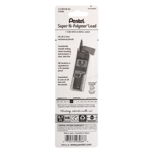 Pentel Super Hi-Polymer Lead Refill - HB Medium 0.7 mm, 30 count-072512030868-LR-105510-6-LR eShop