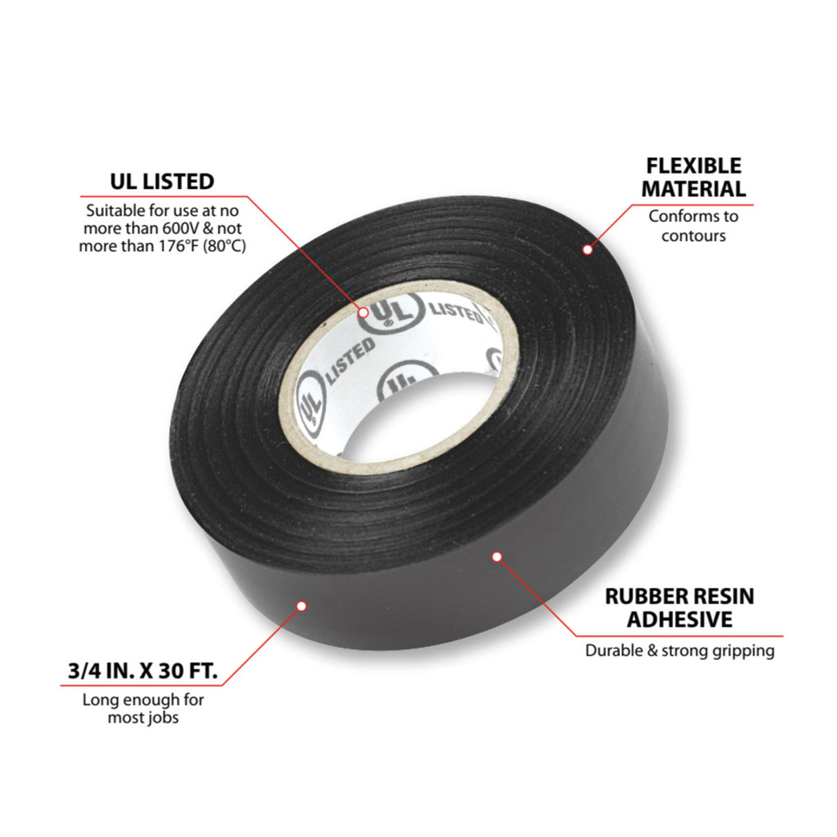 Performance Tool Black Electrical Tape, .75" x 30'-039564153143-LR-357306-3-LR eShop
