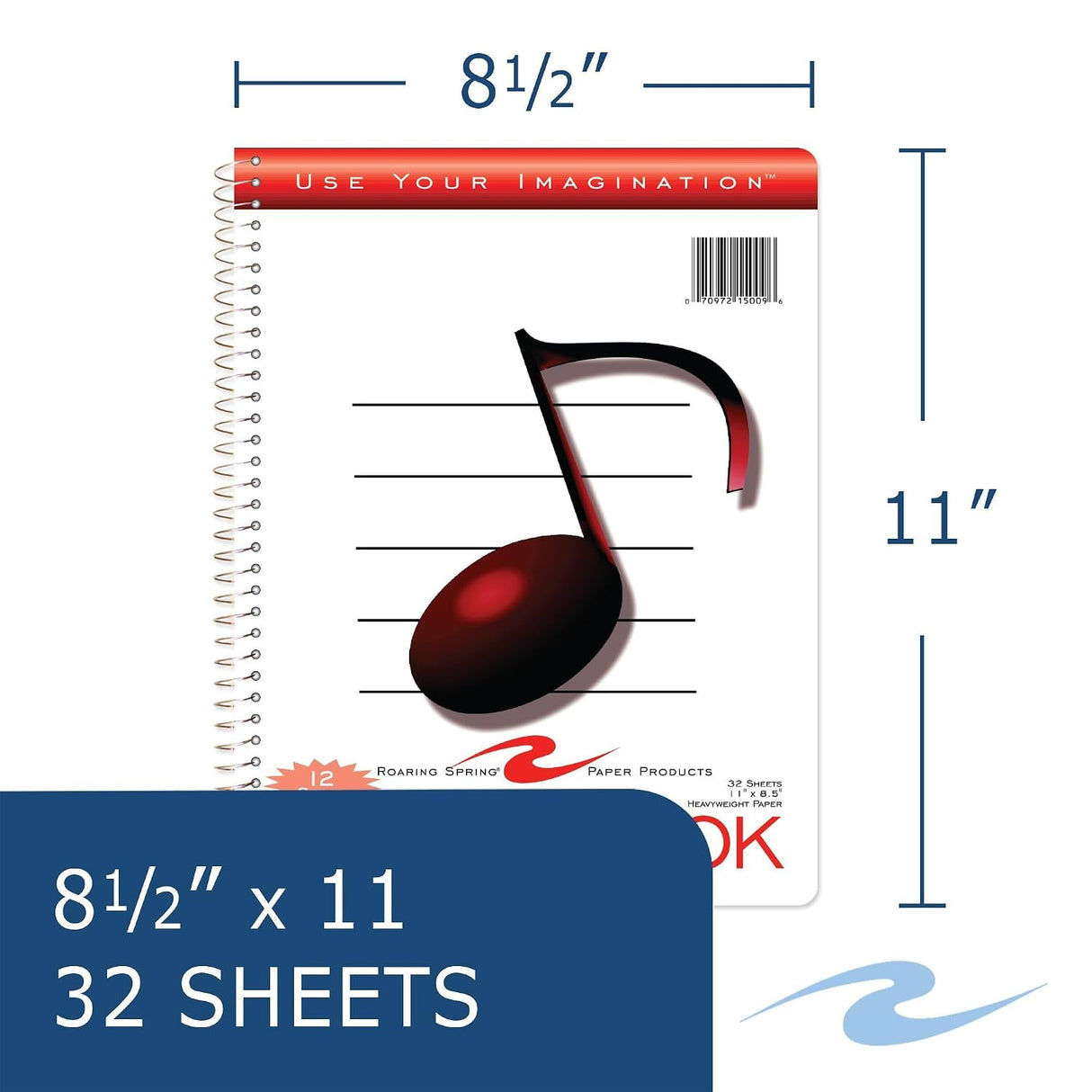 Roaring Spring Paper Wire Bound Notebook, 11" x 8.5" - 12 Staves of Music Lines, 32 sheets-070972150096-LR-324453-3-LR eShop