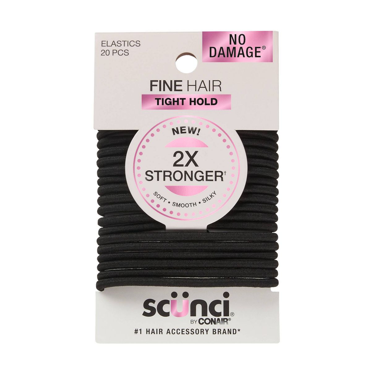 scünci No Damage 2X Stronger Elastic Hair Ties For Fine Hair - Black, 20 count-043194101436-LR-364130-1-LR eShop
