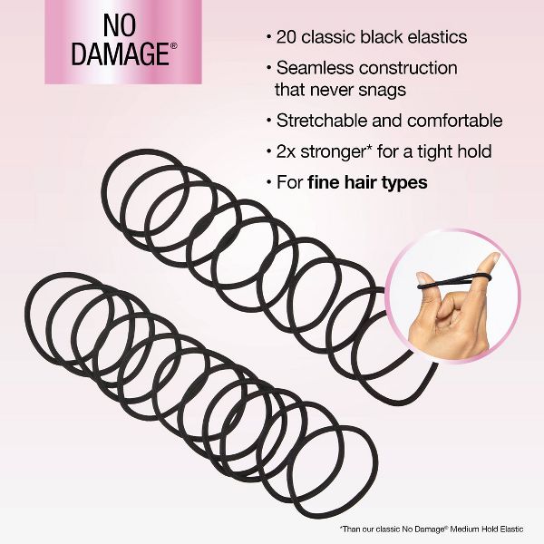 scünci No Damage 2X Stronger Elastic Hair Ties For Fine Hair - Black, 20 count-043194101436-LR-364130-5-LR eShop
