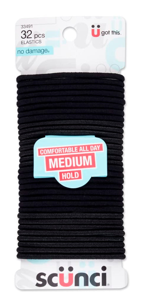 scünci No Damage Medium Hold Mixed Satin & Regular Hair Elastics - Black, 32 count-043194334919-LR-335059-1-LR eShop