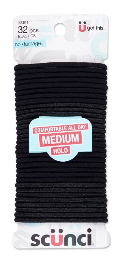 scünci No Damage Medium Hold Mixed Satin & Regular Hair Elastics - Black, 32 count-043194334919-LR-335059-1-LR eShop
