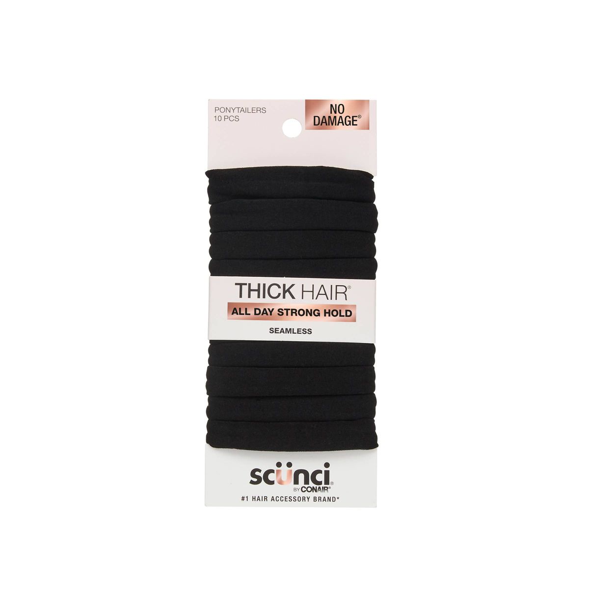 scünci No Damage Super Comfy Hosiery Elastic Hair Tie Ponytailers for Thick Hair - Black, 10 count-043194101498-LR-361972-1-LR eShop