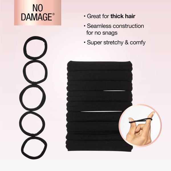 scünci No Damage Super Comfy Hosiery Elastic Hair Tie Ponytailers for Thick Hair - Black, 10 count-043194101498-LR-361972-5-LR eShop