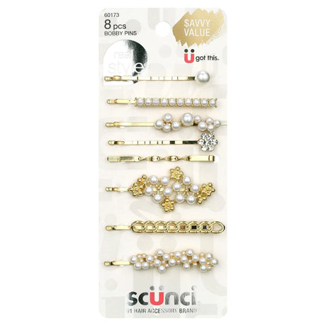 scünci Pearl Embellished Metal Bobby Pins - Gold, 8 count-043194601738-LR-350141-1-LR eShop
