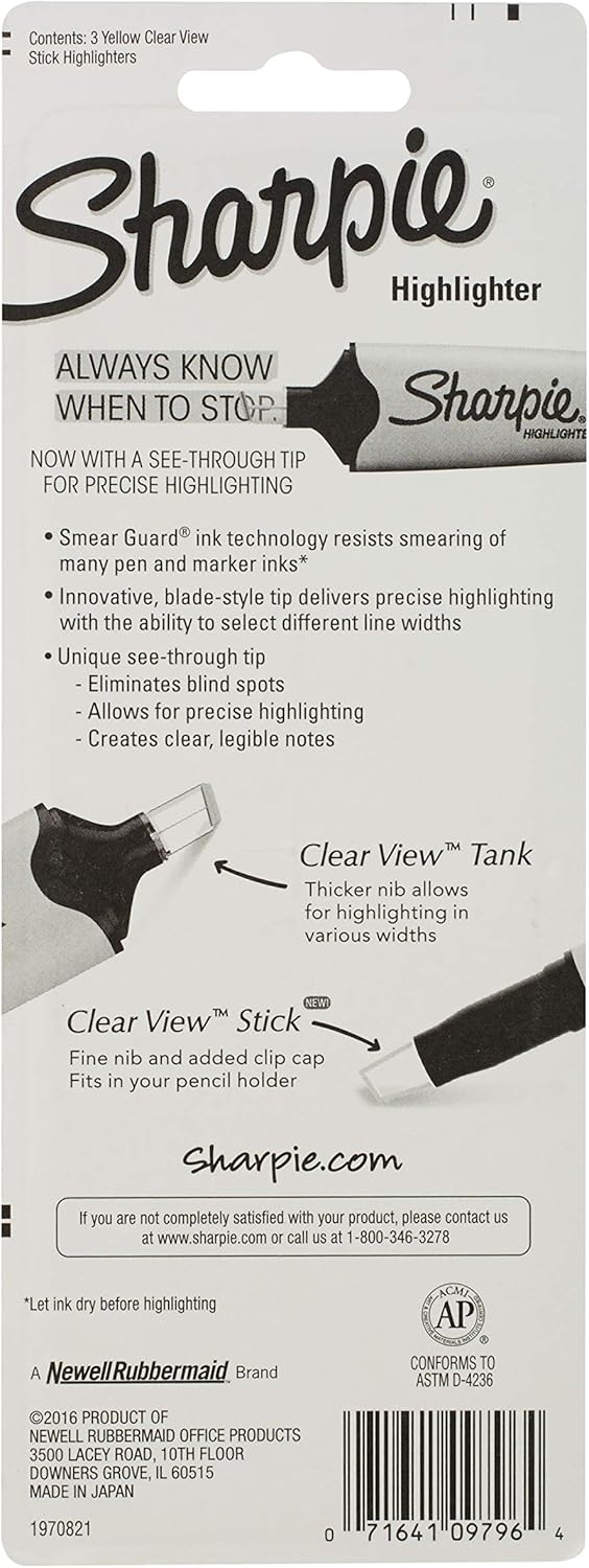 Sharpie Clear View Highlighter Stick - Yellow, 3 count-071641097964-LR-349215-7-LR eShop