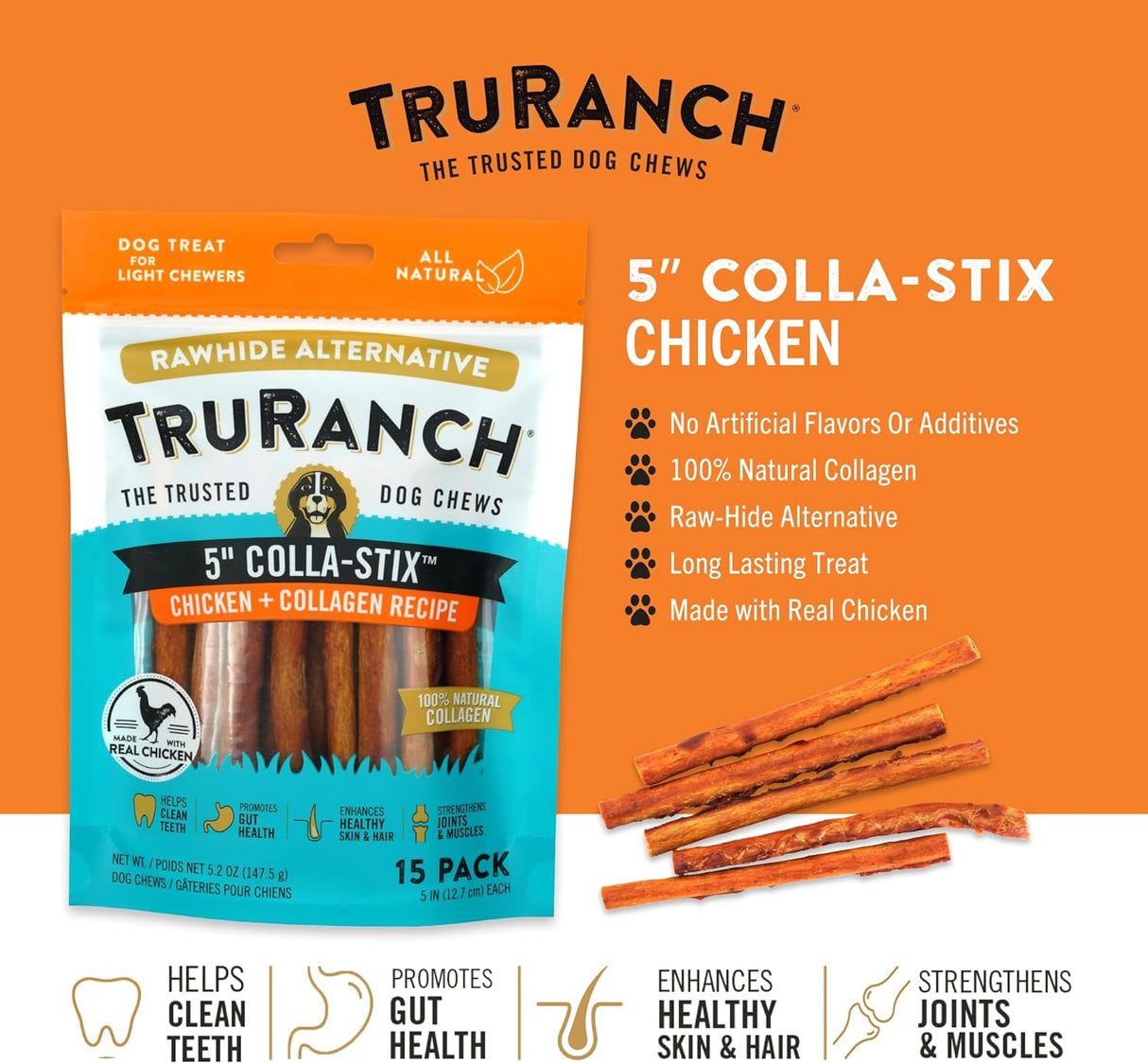 TruRanch 5" Rawhide Alternative Collagen Sticks for Dogs - Made with Real Chicken, 15 Count-810022720943-LR-348972-2-LR eShop