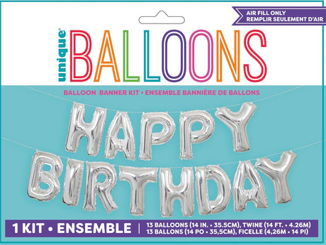 Unique 14" Foil Letter "Happy Birthday" Balloon Banner Kit - Stunning Silver-011179536801-LR-359573-1-LR eShop
