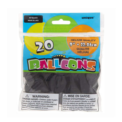 Unique 9" Latex Balloons - Black, 20 count-011179545452-LR-287304-1-LR eShop