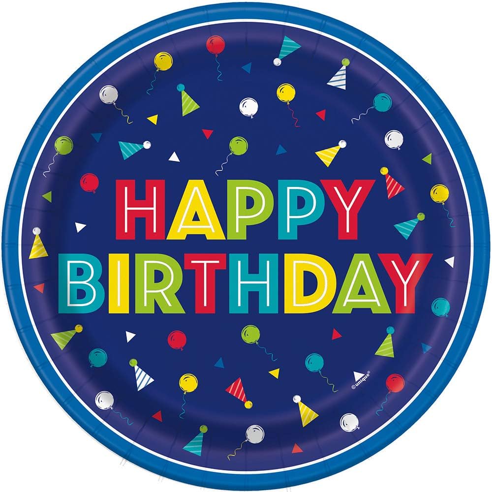 Unique Patterned Round 7" Paper Plates - Peppy Birthday, 8 count-011179747344-LR-359583-1-LR eShop