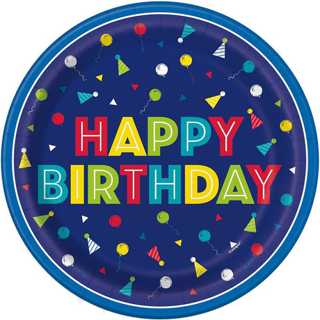 Unique Patterned Round 7" Paper Plates - Peppy Birthday, 8 count-011179747344-LR-359583-1-LR eShop