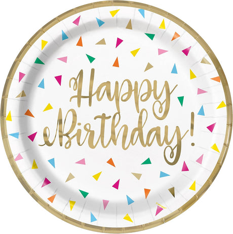 Unique Patterned Round 9" Paper Plates - Triangle Birthday, 8 count-011179261956-LR-359565-1-LR eShop