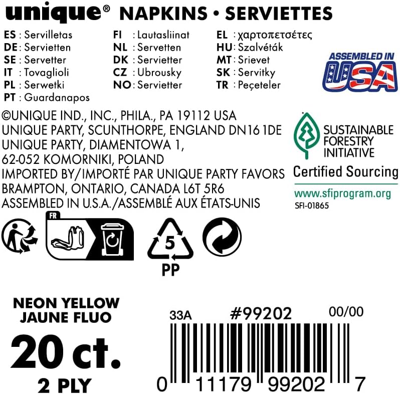 Unique Solid Square Party Napkins - Neon Yellow, 20 count-011179992027-LR-359600-6-LR eShop