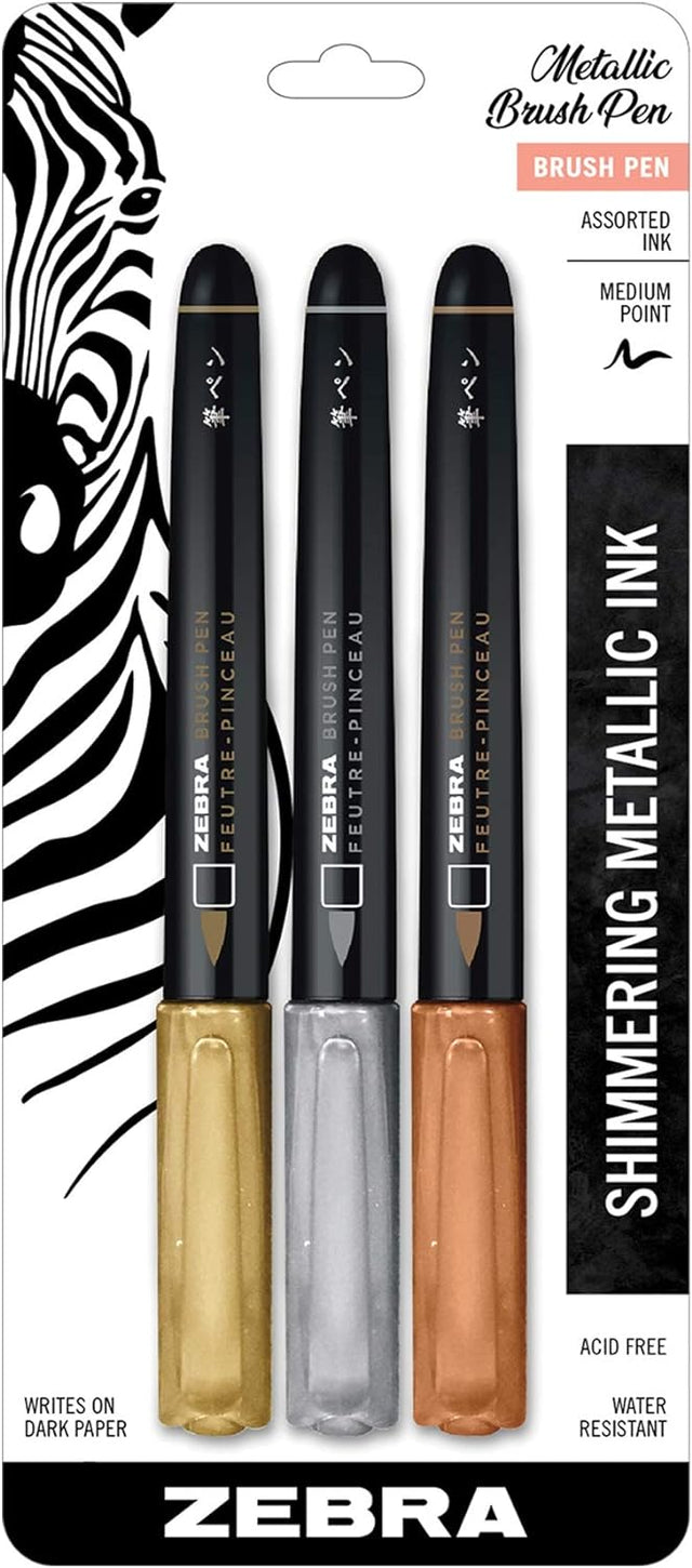 Zebra Medium Point Metallic Brush Pen - Assorted Metallics, 3 count-045888016033-LR-331079-1-LR eShop