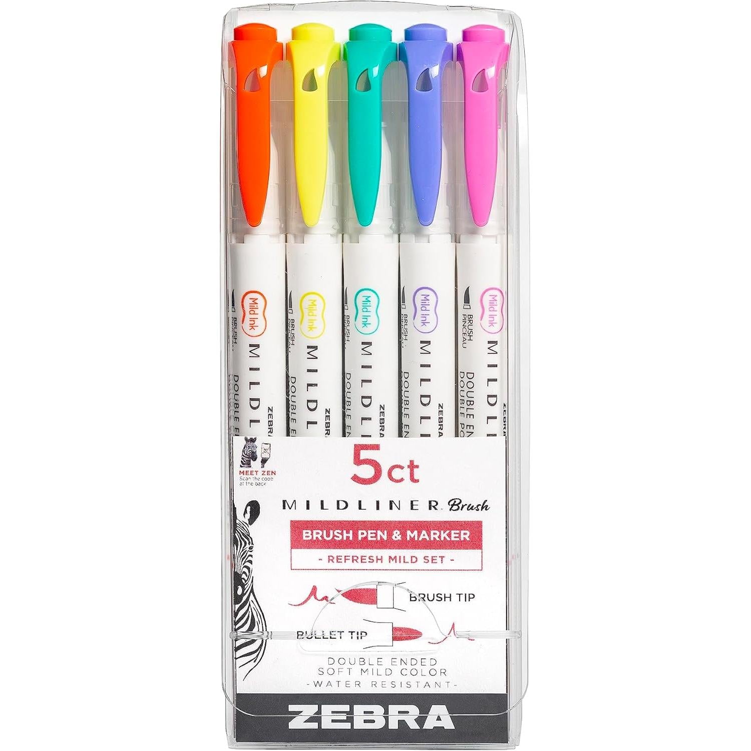 Zebra Mildliner Refresh Ink Double Ended Brush Pen and Marker, 5